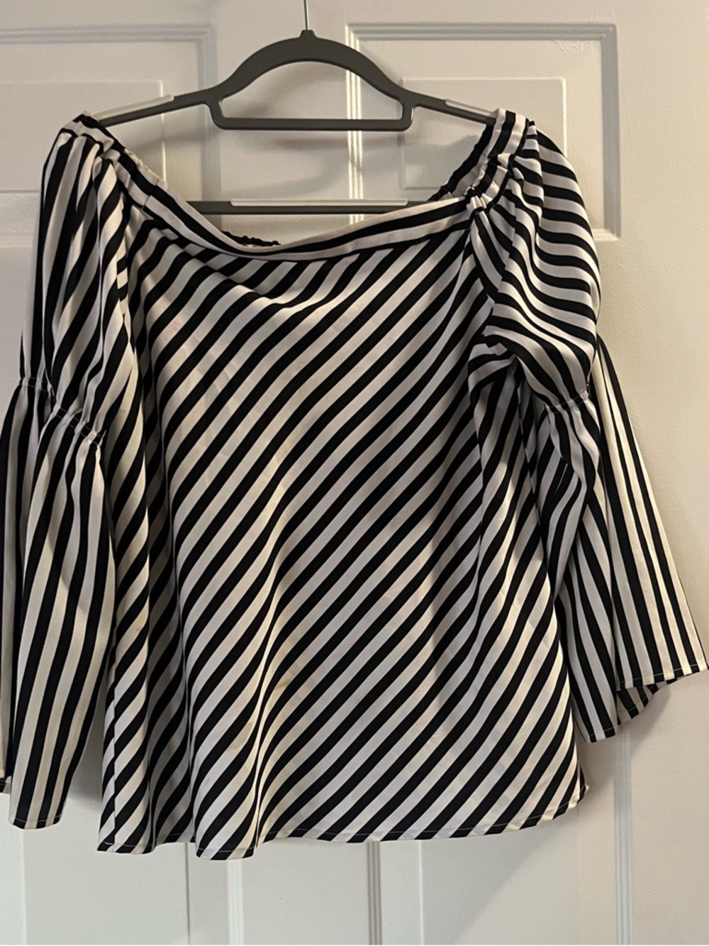 INC International Concepts Black and White Diagonal Stripe Off-Shoulder Top